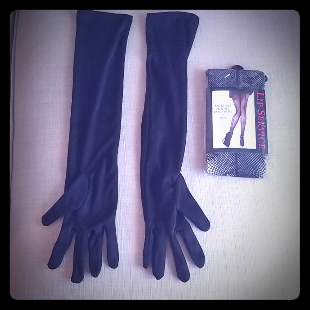Nwt black fishnet hose and black gloves